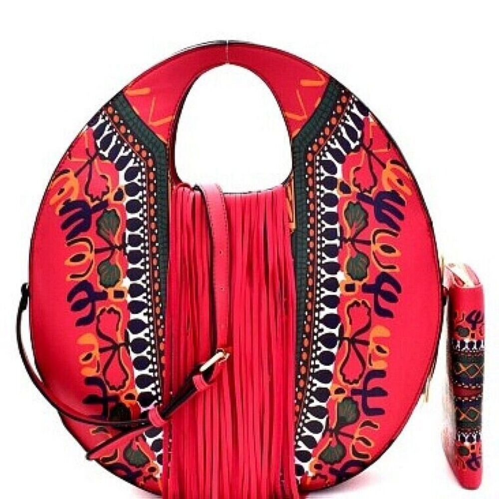 Ethnic Print Vegan Leather Fringed Round Satchel Clutch Purse Wallet Set
